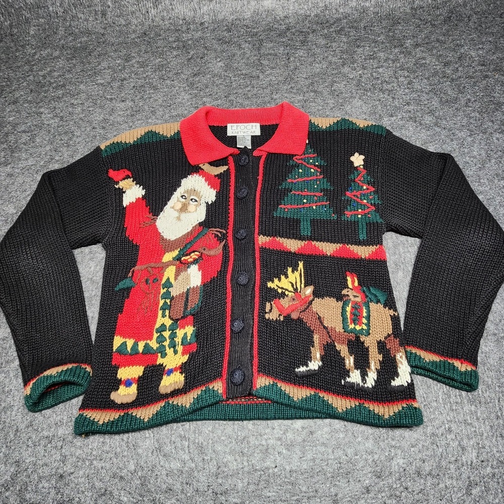 Epoch Womens Christmas Cardigan Sweater Santa Reindeer S Crop Cable Knitted Ugly